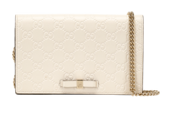 Mini Bow Signature Wallet On Chain, Leather, White, 2091, S/DB/B, 2*